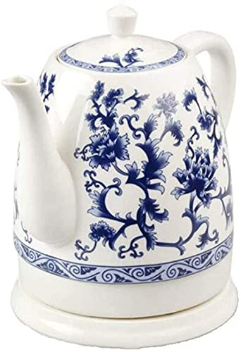 Electric Ceramic Cordless Blue and White Porcelain Kettle Teapot 1.5L - Fast Boiling Water Jug for Tea, Coffee, Soup, Oatmeal - Beautiful Tea Cup Decoration
