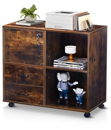 ZBAOLTO Rollcontainer Aktenschrank aus Holz, Abschließbar Büroschrank mit Schubladen und Tür,Vertikale Büro-Aktenschränke mit Rollen für Büron, 80x40x74 cm, modern braun