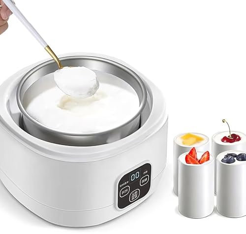 Yogurt eléctrica - Fermentador automático de 1 litro con control de temperatura y tiempo ajustable, forro de acero inoxidable, incluye 4 tazas de cerámica para yogur casero fresco.