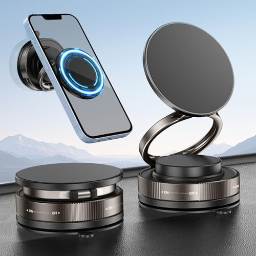 JUSJUBR Vacuum Magnetic Suction Phone Holder, Foldable & Retractable Car Mount, 360° Rotatable Suction Cup Phone Mount, Hands-Free Magnetic Cell Phone Holder for Car, Gym, Shower (Black)