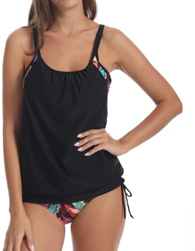 IHCEMIH Women's Tankinis, Swimming Costume Set Women Tummy Control Tankini Sets Blouson Swimwear Top with Drawstring Shorts Retro Two Piece Swimsuit Bathing Suit Beachwear for Ladies UK Black XXL