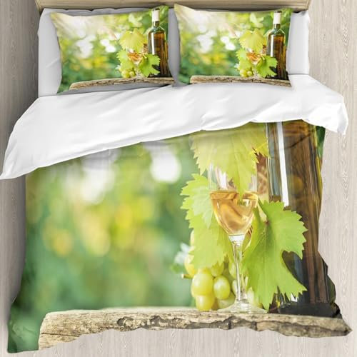 MJNLYDAO Bedding duvet set Reversible soft print set Hypoallergenic glue cover Bedding kit with 2 pillowcases,Wine, Bottle of White Wine Glass Young Vine and Bunch of Grapes in Spring G,178x208cm
