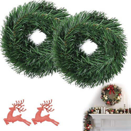2 Coronas de Navidad, 11 Metros de Largo, Artificiales Corona Navideña para Puerta,Coronas de Navidad Decorativas, Coronas de Abeto Verde para Decoraciones Navideñas En Interiores Y Exteriores