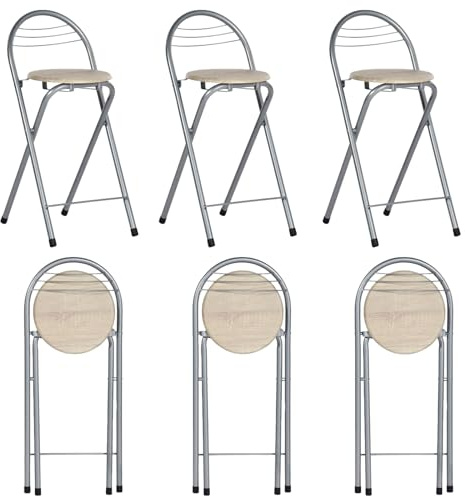 GOKHOMX Klapphocker Faltbar 6er Set, Tragbarer Faltbarer Hocker Barhocker Klappbarer mit Lehne Outdoor Gartenhocker Klappbar für Garten Balkon Küche Bar, Sitzhöhe 61 cm (Eiche und Silber)