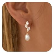 HARJJME Guldörhängen med Pärlor Kvinnor 14 Karat Sterling Silver 925 Hypoallergena Stänger Eleganta Örhängen Trendy Flicka Present Smycken, Klein, Mässing, Diamant