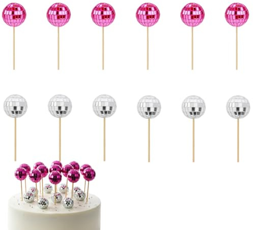Disco Ball Cake Topper, 12-Piece Mini Disco Ball Cake Decorations Set, Includes 6 Pink and 6 Silver 3CM Mini Disco Balls for Cake Decorating, Kpop Party Decorations