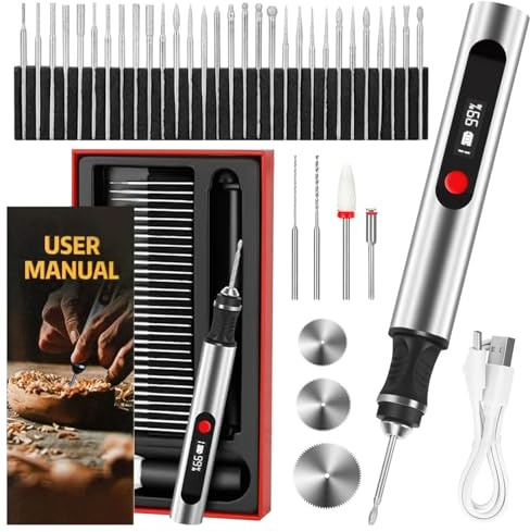 Cordless Engraving Pen, 3-Speed Electric Engraving Tool Kit, Engrave 50+ Surfaces, with 30 Small Drill Bits, 7 Grinding Accessories, USB Charging, Engraving Pen for Wood Resin Stone Jewelry