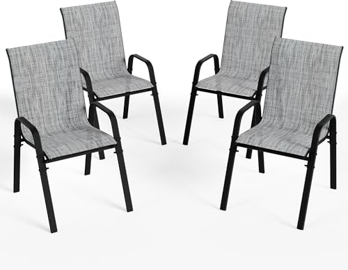 RTDTD Gartenstühle,stapelbare Esszimmerstühle für den Außenbereich mit Armlehnen,atmungsaktives Textilene und Stahlgestell für Garten,Balkon,Hinterhof (4-teiliges Set,grau)