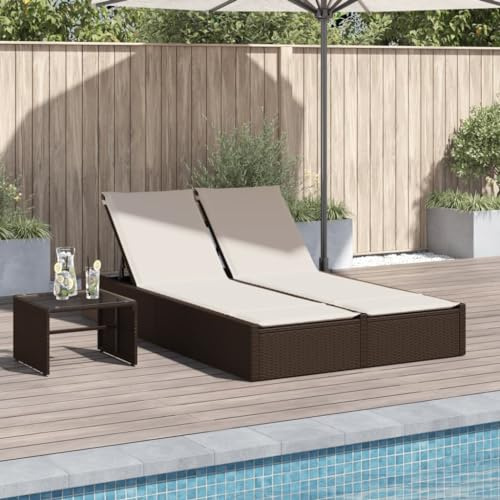 Nqyjm Sonnenliege mit Rückenlehne in 3 Positionen verstellbar, Doppelliege mit Kissen, Braun, Polyrattan, Strandliege, Outdoor-Relax für Garten, Terrasse, Balkon, Modell 2