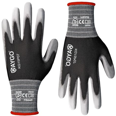 KAYGO Work Gloves PU Coated 12 Pairs, KG15P,Nylon Liner with Flexible Polyurethane Coating,Safety Work Gloves for DIY, Assembly, Warehouse, Light Duty Work (Small, Black)