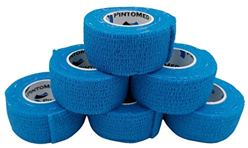 PintoMed - Venda Cohesiva - 6 x AZUL CLARO - 6 rollos x 2,5 cm x 4,5 m estirado - Vendaje autoadhesiva elástica y flexible, Cinta adhesiva, Vet Wrap, Tape, Primeros auxílios y lesiones