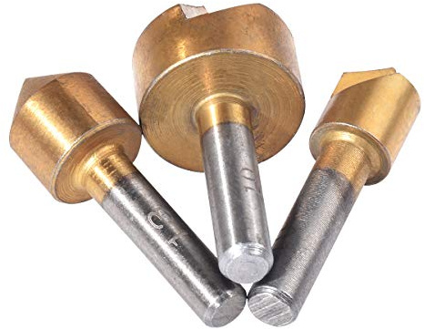 KATUR 3Pcs 90 degrés Single Flute HSS Chanfreinage Fraise en bout Fraise, Fraise à chanfreiner pour le travail du bois, Placage en titane, Tige ronde 1/4 pouce, Ouverture de 2-5,5-9,8-13mm (Or)