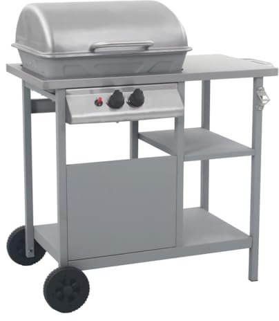 vidaXL Barbacoa de Gas BBQ Parrilla Cocina Portátil Fuego Grill con Mesita y 3 Estantes de Acero Recubrimiento Polvo Color Plateado Butano LPG Propano