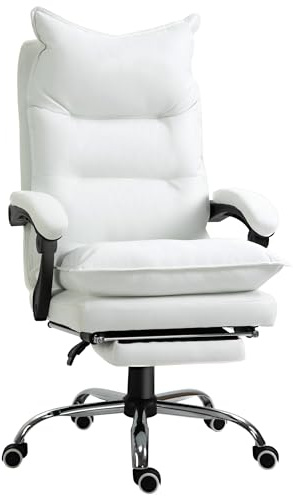 Vinsetto Sedia Ufficio Ergonomica Reclinabile 155° con Poggiapiedi, Sedia Scrivania in Finta Pelle Facile da Pulire, Braccioli Imbottiti, Girevole e Altezza Regolabile, Bianco