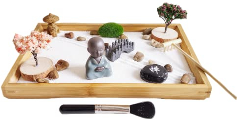 ZEN&TAO Japanese Zen Garden, 28x19x2.8cm Large Bamboo Tray, with Bridge, Tree, Moss, Stones, Lantern and Sand Toolset, Office and Home Desk Accessories, for Meditation, Relaxation or Gift.