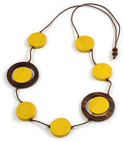 Avalaya Collana con perline di legno e cotone in moneta gialla/marrone, 88 cm di lunghezza - Regolabile
