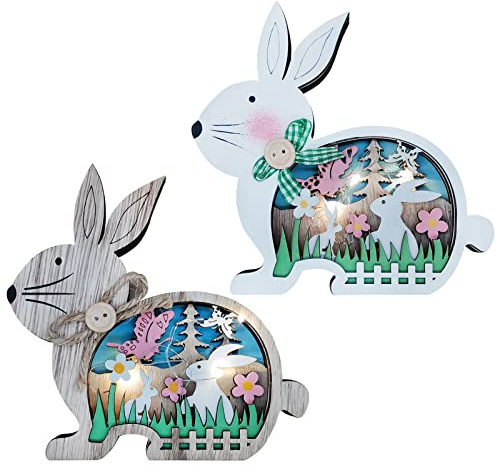 2 Stücke Osterhase Aus Holz Beleuchtet,Mit Led Osterhasen Deko,Deko Holz Aufsteller Osterhasen ,Osterdeko Zum Aufhängen,Ostergeschenk Geben Sie Für Kinder Kunden Kollege Hase Ornament Für Home Desktop