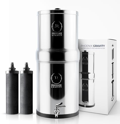 PHOENIX GRAVITY 6-Liter Stainless Steel Gravity Water Filter | NSF/ANSI 42 & 372 Certified | 2 Smart Carbon Cartridges Included | No Electricity or Plumbing Needed | Clean, Healthy Drinking Water