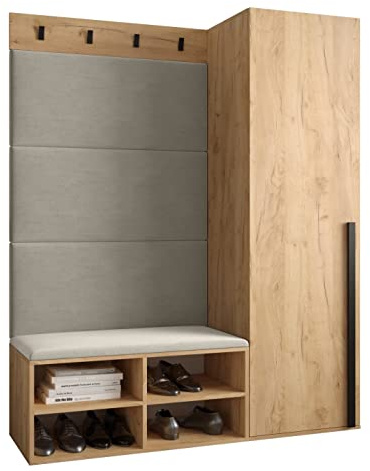 MEBLE KRYSPOL Garderobe MIRO Set 6 mit gepolsterten Paneelen Modern Design (Manila 02 (Creme), Eiche Kraft Gold + Schwarz Matt)