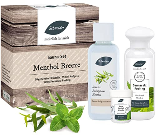 Saunabedarf Schneider - Sauna-Set Menthol Breeze - 250 ml Aufguss, 300 g Saunasalz Peeling, 20 g Menthol Kristalle - Mix