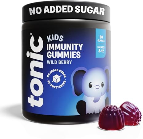 Tonic Health Kids Immunity Gummies - 7 in 1, Elderberry Gummies, No Added Sugar, No Sweeteners, Vitamins C, D and Zinc, Wild Berry Flavour, Month Supply (60 Count), Ages 3-12, Vegan.