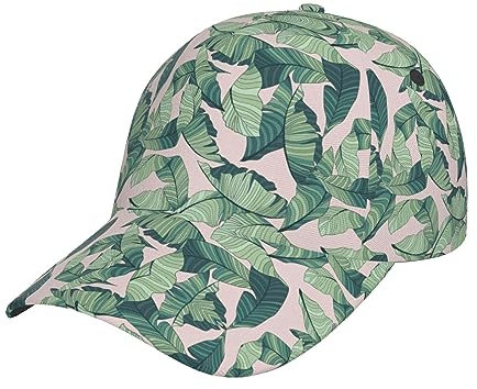 MDATT Men Women Washed Adjustable Dad Hat for Outdoors,Flat Bill Snapback with High Ponytail Design,Green Palm Tree Leaves Pink