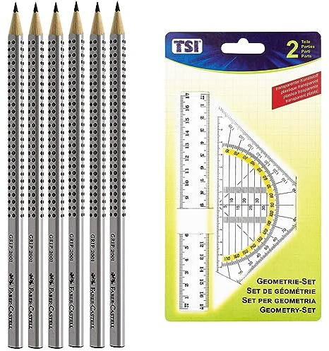 Faber-Castell 117697-6 Bleistifte GRIP 2001, Härtegrad: HB, Schaftfarbe: silber & TSI 46303 Geometrie-Set (Lineal 17 cm und Geo-Dreieck 16 cm)