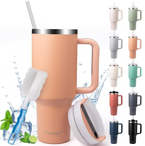 Temede Thermobecher mit Strohhalm und Henkel 40oz/1.2L,Großer Trinkbecher mit Deckel und Strohhalm,Kaffeebecher to go Thermo,Edelstahl Vakuum Isolierbecher Tragbare Autobecher für Kalte Heiße Getränke