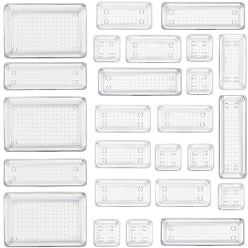 Litimkat 25 Stück transparentes Schubladen-Organisationssystem mit Kunststoff-Aufbewahrungsboxen in 4 Größen,rutschfester,transparenter Make-up-Organizer für Badezimmer,Kosmetik,Kommode,Küche,Büro usw