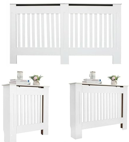 Radiator Cover White, Large Radiator Shelf Tall Radiator Cover Vertical Slatted Grill Cabinet Shelf Modern Radiator Covers MDF Wood Cabinet Shelf Heating Covers for Living Room Hallway (Medium, White)