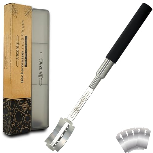 VEZOREY®- Profi Bäckermesser & Teigmesser hochwertiger Edelstahl (inkl. 5 Rasierklingen) - Brotklinge & Bäckerklinge lebensmittelecht - Brotschneidemesser, Brotbackmesser & Brot-Messer Silikon-Griff