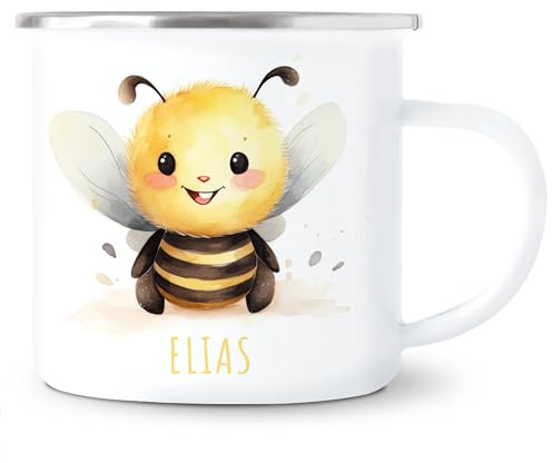 Biene Emaille Tasse Kinder personalisiert mit Namen als Geburtstagsgeschenk | Personalisiert, hochwertige Emaille, 300 ml, Kinderbecher mit Biene, Trinkbecher mit Namen