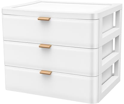 Schreibtisch-Organizer, Organizer mit Acryl Schubladen 3 Stück, Schubladenbox, Büro Organizer Stapelbar Aufbewahrungsbox, für Bürobedarf, Schreibwaren und Schreibtisch-Accessoires, Transparent Weiß