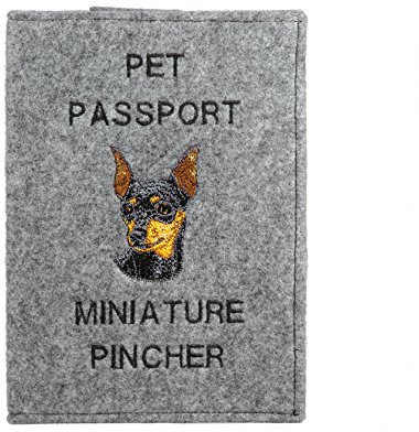 Art-Dog Custodia per Passaporto per Cani - Copertina in Feltro Fatta a Mano con Motivo Ricamato - Porta Passaporto da Viaggio Veterinario per Cani - 17x12,5 cm - Miniature Pincher