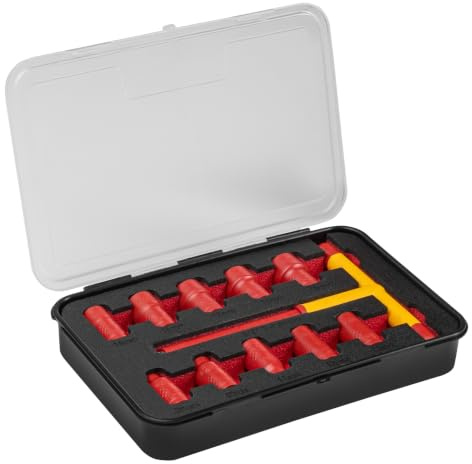 Högert Technik - Juego de enchufes aislados con llave en T tipo 1000 V, 11 piezas | Certificado VDE para hasta 1000 voltios | 10 llaves de vaso aisladas de 1-3/8 y 1 llave en T con mango