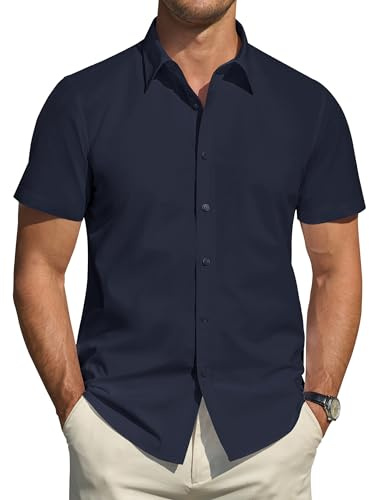 J.VER Men's Button Down Shirts Flex Stain Protection Short Sleeve Shirts Regular Fit Dress Shirts for Men Navy Blue Large