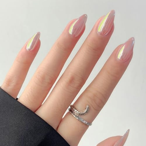 JUSTOTRY 24 Stück Chrome Mandel Nägel Zum Aufkleben Kurz,Press on Nails Einfarbig Design,Glossy Oval Kunstnägel Fake Nails Mittel,French Mirror Fingernägel Künstliche Nägel für Frauen