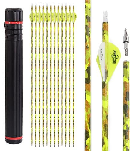 surwolf Bogenschießen Carbonpfeile，Jagdpfeile，Bogenschießen Zielübungspfeile，Spine 500，für Compound & Recurve Bow 12/24St (Gelb + köcher, 12)