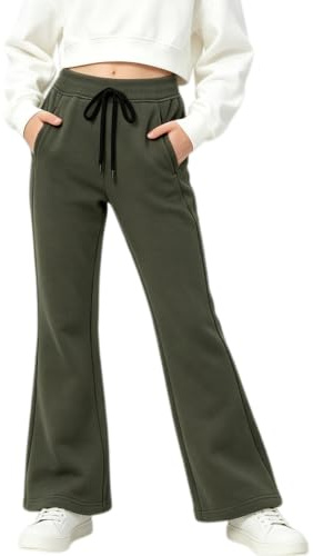 Rolanko Pantalones de Niña de Cintura Elástica con Uniforme Escolar Lisos y Acampanados Pantalones de Deporte, Verde, Talla: 13-15 Años/170