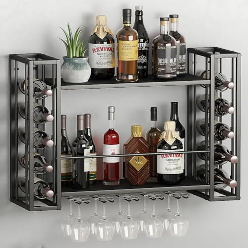ZAOBAS Wine Rack Wall Mounted, Hanging Floating Bar Liquor Shelves with Glass Holder, Metal Bottle Holder Wine Storage Display Shelf for Home Bar Dining Room Kitchen,Black