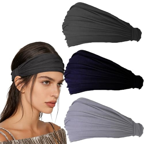 Esshogo 3 Stück Stirnband, Breites Haarband, Elastische Haarschals | Yoga Headband, Haarbänder Breite Elastische Weiche, Kreative Haarbänder für Sport Stirnband Damen Herren