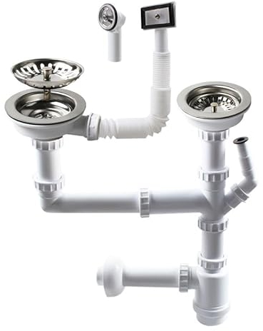 Talea Anti-Syphon Bottle Trap,Dishwasher Siphon Straight,Waste Pipe, Basket Strainer with Overflow,Full Set Plumbing Kit(2 Bowl Sinks) U-Z7052C006