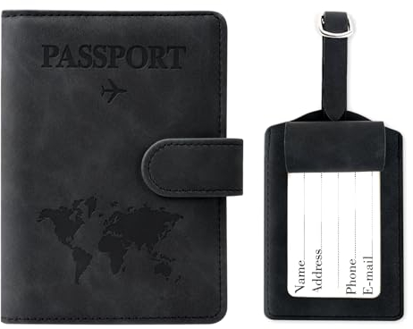Reisepasshülle und Kofferanhänger Set, Kunstleder Passport Hülle mit Kofferanhänger Flugreise, Reisepass Hülle mit RFID-Blocke für Kreditkarten Personalausweise Reisedokumente Reise Zubehör (schwarz)