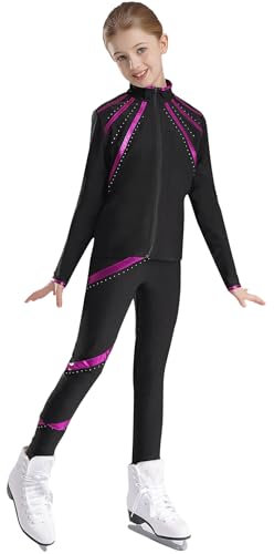 Sxiwei Mädchen Sport Kleidung Set Eiskunstlauf Anzug Glänzende Langarm Sweatjacke+ Hose Lang Leggings Gymnastik Performance Outfit Violett 134-140