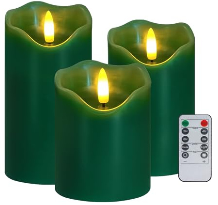 Justup 3 Stück Weihnachten Flammenlose LED-Kerzen mit Fernbedienung, Timer | Weihnachten Grün Flackernde Kerzen, Dimmbare Säulen Kerzenlicht Batteriebetrieben, LED Elektrische Kerzen für Winter Dekor