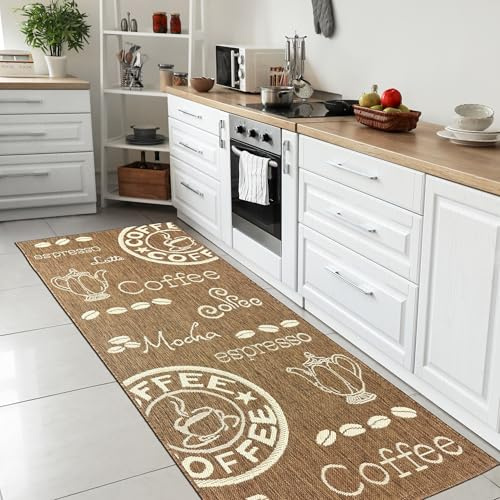 Teppich-Traum Teppich Wohnzimmer Flur Läufer Eingangsbereich Gang Küche Küchenteppich strapazierfähig langlebig Saugrobotergeeignet mit modernem Coffee-Muster in Braun Beige, 80 x 300 cm