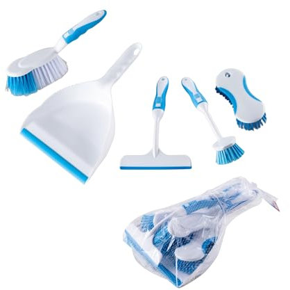 BH | Household Cleaning Brush Set | Compact | Portable | Ergonomic | 5-in-1 Cleaning Kit with Dust Pan and Brush, Scrubbing Brush, Wiper, and Dish Brush to Keep All Surface of Homes Tidy - BEST HOUSE