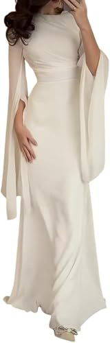 Goolecrimp Eleganti Abiti Lunghi da Damigella D'onore da Banchetto Abiti da Ballo Colore Solido Splicing Swing Sleeve Girocollo Lunghi in Raso Sottile (Bianco,M)