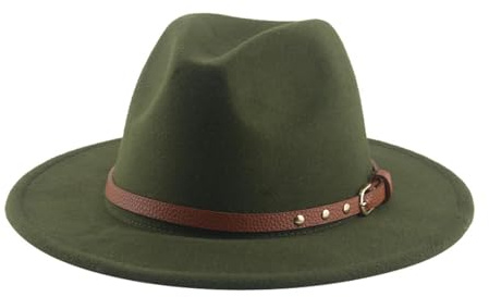WUFANGBU Fedora Trilby Sombrero De Vestir Sombrero De Copa para Hombre Cinturón Sombrero De Fieltro ala Ancha Equitación Vaquero Sombrero Vintage Jazz M (56-58Cm) Verde Militar
