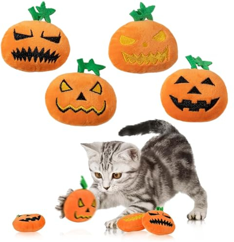 Generisch 4 Stück Halloween-Kürbis-Spielzeug für Katzen, Plüsch-Beißspielzeug mit Kürbis mit Reichweitenausdrücken, Stickerei-Designs, interaktives Plüschspielzeug für Kätzchen und Katzen